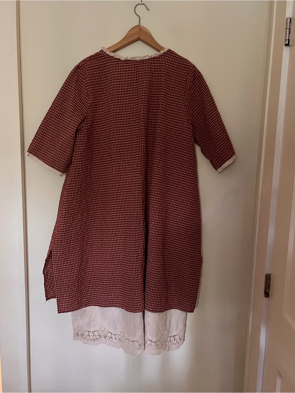 Vintage Handcrafted Red White Gingham Cotton Poplin Lace Layered Dress S-L - Picture 7 of 8